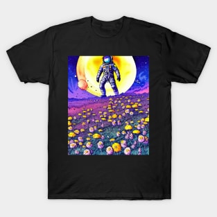 Astronaut Walking Through Flower Field T-Shirt